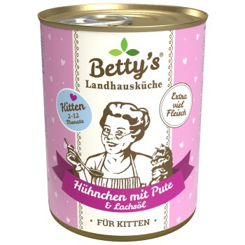 Dose mit Betty's Landhausküche-Kittenfutter mit Huhn und Lachsöl, gekennzeichnet für Kätzchen im Alter von 2-12 Monaten, mit einem verspielten Design.