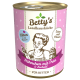 Dose mit Betty's Landhausküche-Kittenfutter mit Huhn und Lachsöl, gekennzeichnet für Kätzchen im Alter von 2-12 Monaten, mit einem verspielten Design.