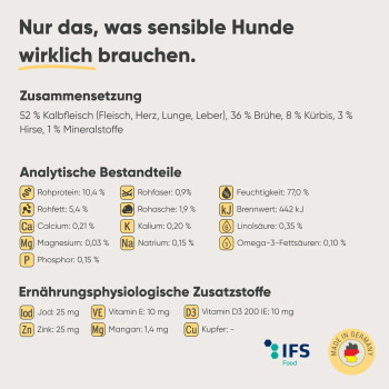 Dose Milo & Mia Hundefutter mit Rindfleisch, Kürbis und Hirse, mit Zutaten und Nährwertinformationen auf Deutsch, beschriftet "Made in Germany."
