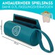 Teal Haustierspielzeugtasche mit Klettverschluss, misst 18 cm mal 7 cm, mit einem Logo und dem Text 'ANDAUERNDER SPIELSPASS DANK 0,7L FASSUNGSVERMÖGEN.'