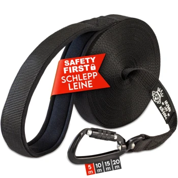 ® Hunde Schleppleine mit Sicherheitskarabiner & gepolsterter Handschlaufe 5 m Schwarze Hundetrainingleine, aufgerollt mit einem Karabinerclip, mit einem roten "Safety First"-Tag und Größenoptionen: 5mm, 10mm, 15mm, 20mm.