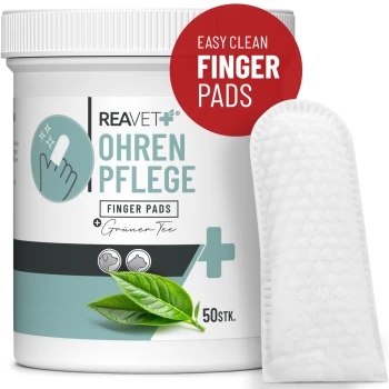Behälter mit REAVET+ Ohrpflege-Pads mit Aloe Vera, beschriftet mit 'OHREN PFLEGE', mit Bildern von Aloe-Blättern und Symbolen für Hunde und Katzen.