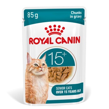 Pochette de nourriture Royal Canin 85g pour chats seniors de plus de 15 ans, morceaux en sauce, avec image d'un chat orange.