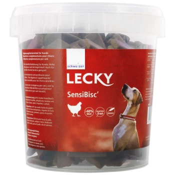 Behälter mit LECKY SensiBisc'-Hundeleckerlis, der einen Hund auf dem Etikett zeigt, mit Text, der 60 % Fleischgehalt und glutenfrei hervorhebt.