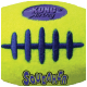 Close-up of neon yellow-green KONG AirDog football squeaker toy with purple stitched laces and "SQUEAKER" text.