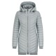 Hellgraue Daunenjacke mit Kapuze, mit einem Reißverschluss vorne, gestepptem Design und gerippten Bündchen.