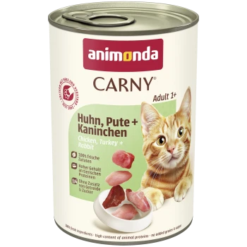 Dose Animonda CARNY Katzenfutter (Adult 1+) mit Aufschrift 'Chicken, Turkey + Rabbit' und Bild einer orange getigerten Katze.