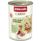 Dose Animonda CARNY Katzenfutter (Adult 1+) mit Aufschrift 'Chicken, Turkey + Rabbit' und Bild einer orange getigerten Katze.