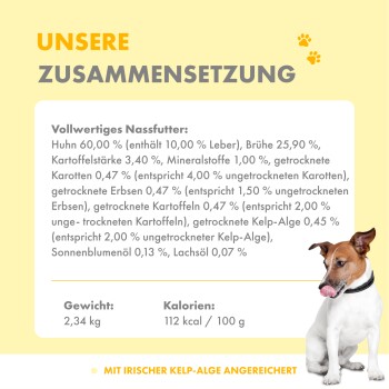 Hund, der sich die Lippen leckt neben einem Nassfutteretikett, das Huhn, Brühe und Zutaten auflistet, mit 2,34 kg Gewicht und 112 kcal pro 100 g.