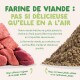 Viande crue (à gauche) contre farine de viande (à droite) avec le titre français «FARINE DE VIANDE : PAS SI DÉLICIEUSE».