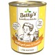 Eine Dose Katzenfutter von Betty's Landhausküche mit einem gelben Design, mit dem Text "Geflügel pur & Taurin" und "Für Katzen."