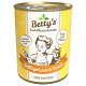Eine Dose Katzenfutter von Betty's Landhausküche mit einem gelben Design, mit dem Text "Geflügel pur & Taurin" und "Für Katzen."