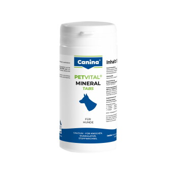 Weiße Canina PETVITAL Mineral-Tabletten-Flasche für Hunde, mit blauer Hundesilhouette und ersichtlichem 'Für Hunde'-Aufkleber.