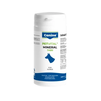 Weiße Canina PETVITAL Mineral-Tabletten-Flasche für Hunde, mit blauer Hundesilhouette und ersichtlichem 'Für Hunde'-Aufkleber.