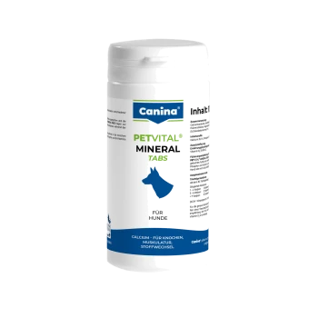 Weiße Canina PETVITAL Mineral-Tabletten-Flasche für Hunde, mit blauer Hundesilhouette und ersichtlichem 'Für Hunde'-Aufkleber.