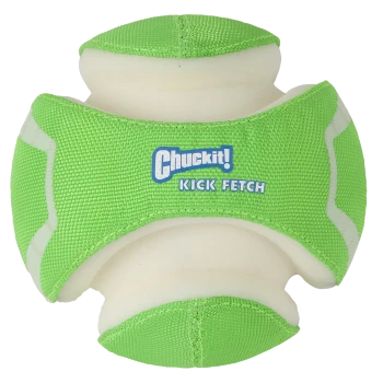 Chuckit! Kick Fetch grünes und weißes strapazierfähiges Hundespielzeug mit strukturiertem Griff für Apportierspiele.