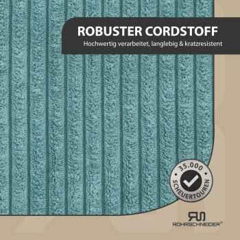 Türkis gerippter Cordstoff mit Überschrift 'ROBUSTER CORDSTOFF', Abzeichen '35.000 SCHEUERTOUREN' und Rohrschneider-Logo.