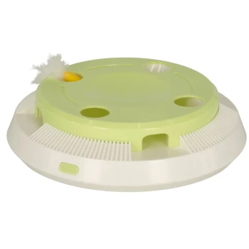 Interaktives Katzenspielzeug mit einer runden grünen und weißen Kunststoffbasis, Löchern und einem gelben Ball mit weißer Feder.