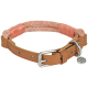 Hellbraunes Lederhalsband mit geflochtenem orangefarbenem Seilbesatz, silberner Schnalle und D-Ring, kleinem rundem Metallanhänger.