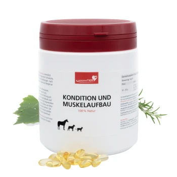 Weißer Behälter mit rotem Deckel, beschriftet mit „Kondition und Muskelaufbau 100% Natur“ für Haustiere, zeigt Symbole von Pferd, Hund und Katze.