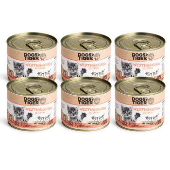 Nesthäkchen 6x200 g Sechs Dosen von DOGS'n TIGER Katzenfutter mit der Aufschrift "NESTHÄKCHEN GEFLÜGEL", mit einer verspielten Kätzchen-Grafik und dem Hinweis "100% NATÜRLICH."