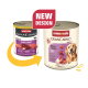 Zwei Dosen Animonda GranCarno Adult Hundefutter, Rind- und Lammgeschmack, zeigen altes und neues Design mit einem „NEUES DESIGN“-Label.