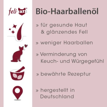 Bio-Haarballenöl von felitatz, fördert gesunde Haut und glänzendes Fell, reduziert Haarballen und minimiert Husten und Würgen. Hergestellt in Deutschland.