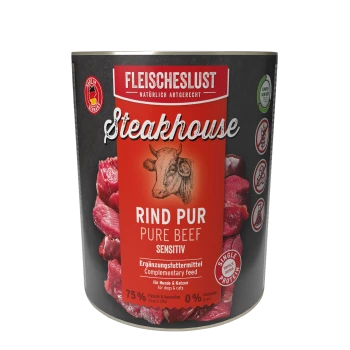 Dose Fleischeslust Steakhouse Rind Pur (Pure Beef) Sensitiv, Ergänzungsfuttermittel für Hunde und Katzen