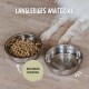 Edelstahl-Haustierschalen auf einem Holzboden; eine mit Trockenfutter, die andere mit Wasser. Text: "Langlebiges Material" und "Rostfreier Edelstahl."