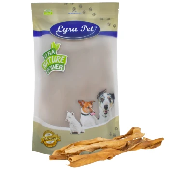 Rinderkopfhautstangen ca. 50 cm 1 kg Lyra Pet Hundeleckerlipackung mit einer Vielzahl von Hunden auf der Vorderseite, mit dem Etikett "Lyra Nature Power" und dem Siegel "10 Jahren Best Quality."