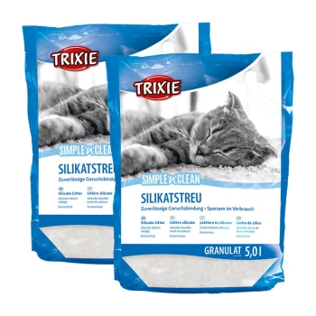 Twee zakken Trixie Simple'n'Clean kattenbakvulling, met een slapende kat en benadrukking van geurcontrole en economisch gebruik.