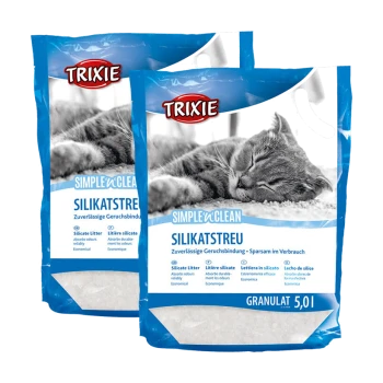 Zwei Beutel Trixie Simple'n'Clean Katzenstreu, die eine schlafende Katze zeigen und die Geruchskontrolle und wirtschaftliche Nutzung betonen.