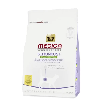 Sack Select Gold Medica Veterinary Diet Katzenfutter, mit der Aufschrift 'Schonkost', 2,5 kg, reich an Ballaststoffen, mit Bildern einer Katze und eines Hundes.