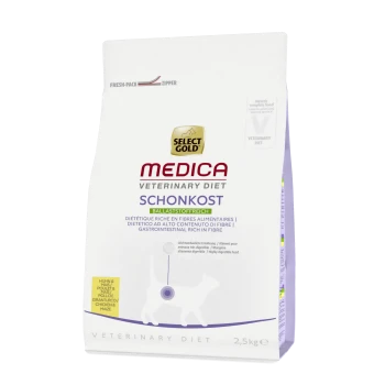 Sack Select Gold Medica Veterinary Diet Katzenfutter, mit der Aufschrift 'Schonkost', 2,5 kg, reich an Ballaststoffen, mit Bildern einer Katze und eines Hundes.