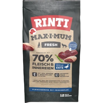 Rinti Maxi-Mum Fresh Haustierfutterbeutel, mit 70% Fleisch und Innereien, 30% Gemüse, getreidefreier Rezeptur und 12 kg Gewicht.
