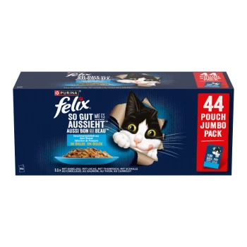 Purina Felix Jumbo-Karton mit 44 Beuteln Katzenfutter, mit Cartoon einer schwarz-weißen Katze und einer Schale Nassfutter.