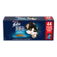 Purina Felix Jumbo-Karton mit 44 Beuteln Katzenfutter, mit Cartoon einer schwarz-weißen Katze und einer Schale Nassfutter.