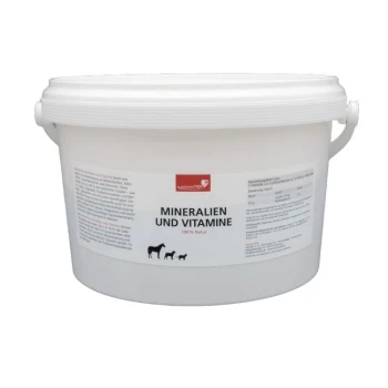 Weißer Kunststoffbehälter mit Mineralien und Vitaminen für Haustiere, beschriftet mit "Mineralien und Vitamine 100% Natur" mit Hundesilhouetten und deutschem Text.