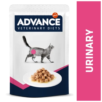 Emballage de nourriture pour chat Advance Veterinary Diets Urinary avec une silhouette de chat gris, une assiette de nourriture humide et un texte en gras.