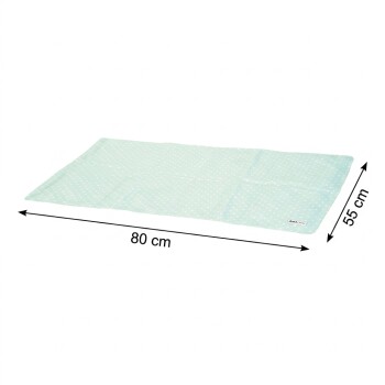Rechteckige mintgrüne Haustiermatte mit weißen Punkten und Ecketikett; Pfeile zeigen die Maße 80 cm × 55 cm.