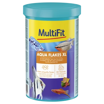 MultiFit Aqua Flakes XL fish food for all ornamental fish, with vitamins, 6 types of extra-large flakes, 180g container.