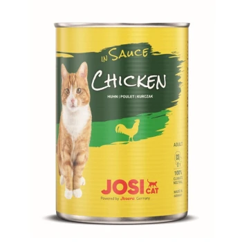 Boîte jaune de nourriture pour chat JOSI CAT au poulet avec un chat roux sur le devant, étiquetée "In Sauce" et "Adult," fabriquée en Allemagne.