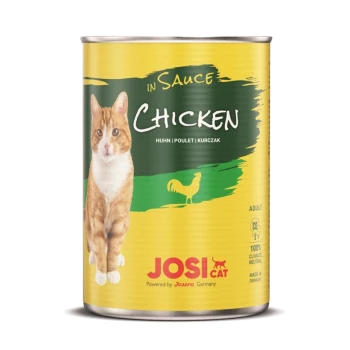 Gelbe Dose JOSI CAT Hühner-Haustierfutter mit einer roten Katze auf der Vorderseite, mit der Aufschrift "In Sauce" und "Erwachsene", hergestellt in Deutschland.