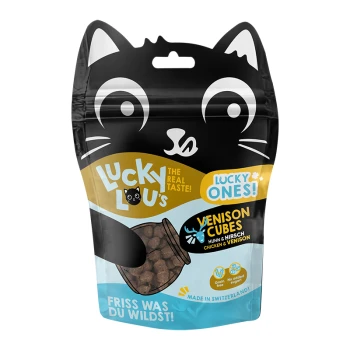 Emballage sur le thème des chats noirs pour "Lucky Lou's Venison Cubes", avec le texte : "Le vrai goût ! Sans céréales, sans sucre ajouté, fabriqué en Suisse."