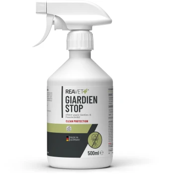 Weiße 500ml Sprühflasche von REAVET Giardien Stop Parasitenreiniger, hergestellt in Deutschland, mit dem Text "Clean Protection".