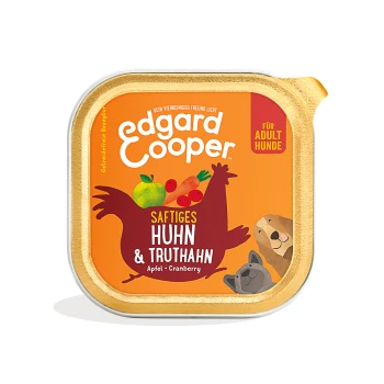 Edgard Cooper Hundefutterverpackung mit 'Saftiges Huhn & Truthahn' mit Apfel und Cranberry, entworfen für erwachsene Hunde.