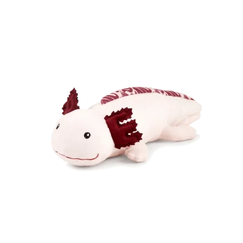 Rosa Axolotl-Plüsch mit weinroten, fransigen Kiemen, gestickten schwarzen Augen und Lächeln, gemustertem weinroten Rücken.