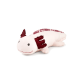Rosa Axolotl-Plüsch mit weinroten, fransigen Kiemen, gestickten schwarzen Augen und Lächeln, gemustertem weinroten Rücken.