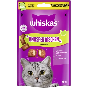 Snacks, Knuspertaschen Truthahn 6x60 g Die Verpackung von Whiskas Knuspertaschen zeigt das Gesicht einer grauen getigerten Katze mit "mit Truthahn", "Vitamine", "Protein" und "100% Köstlich."