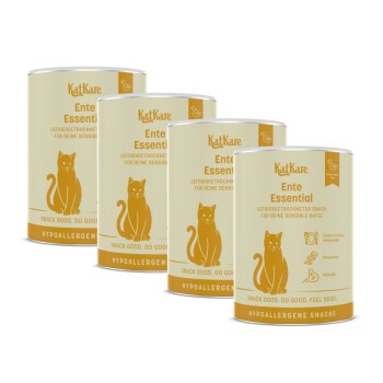 Vier hellgelbe KatKare-Dosen „Ente Essential“, hypoallergene Snacks mit Katzensilhouette